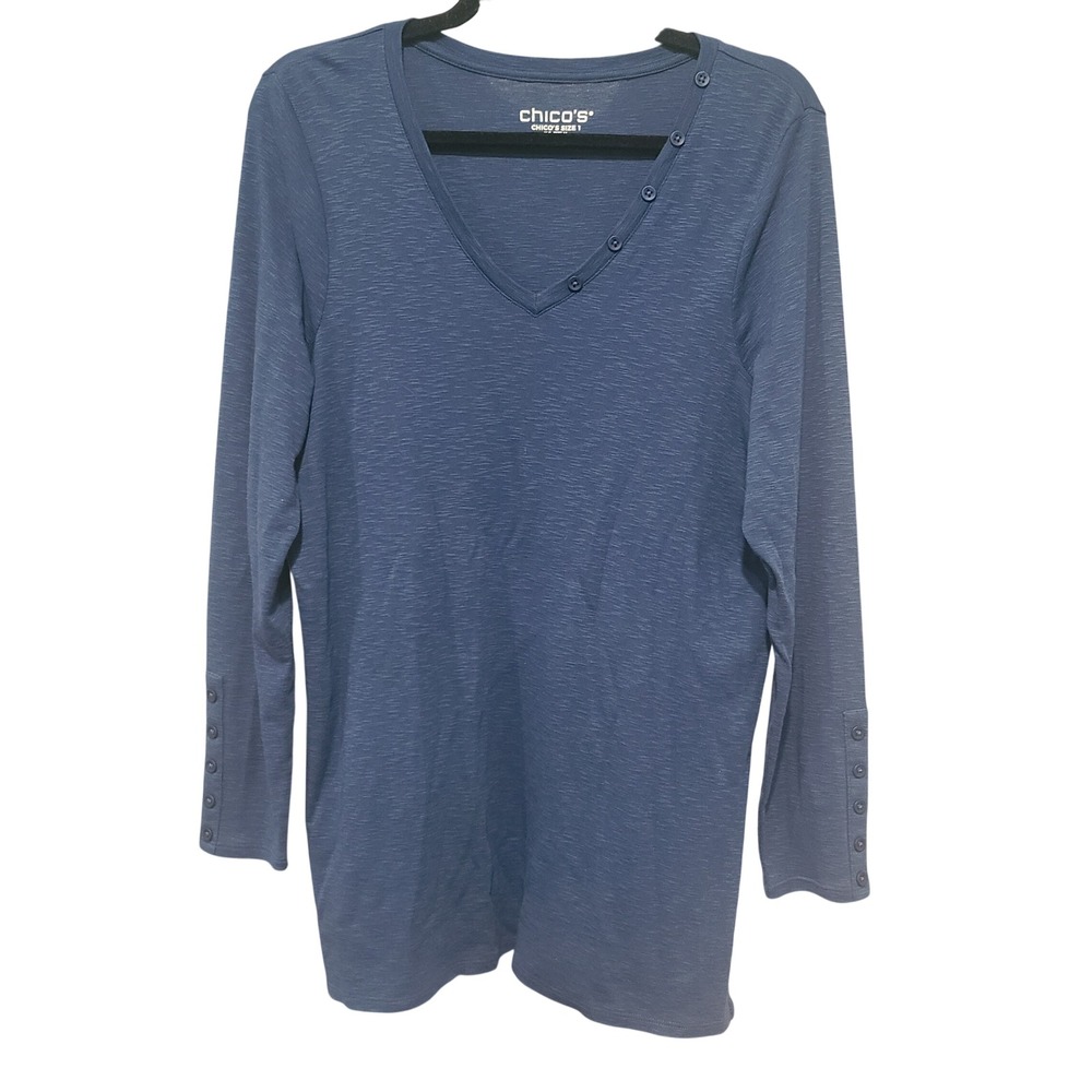 Chicos Navy Blue Slub Knit V-Neck Button Detail Tunic Top Size 1 M